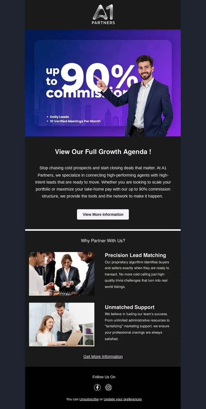 Email campaign: A1 Partners · Up to 90% commission